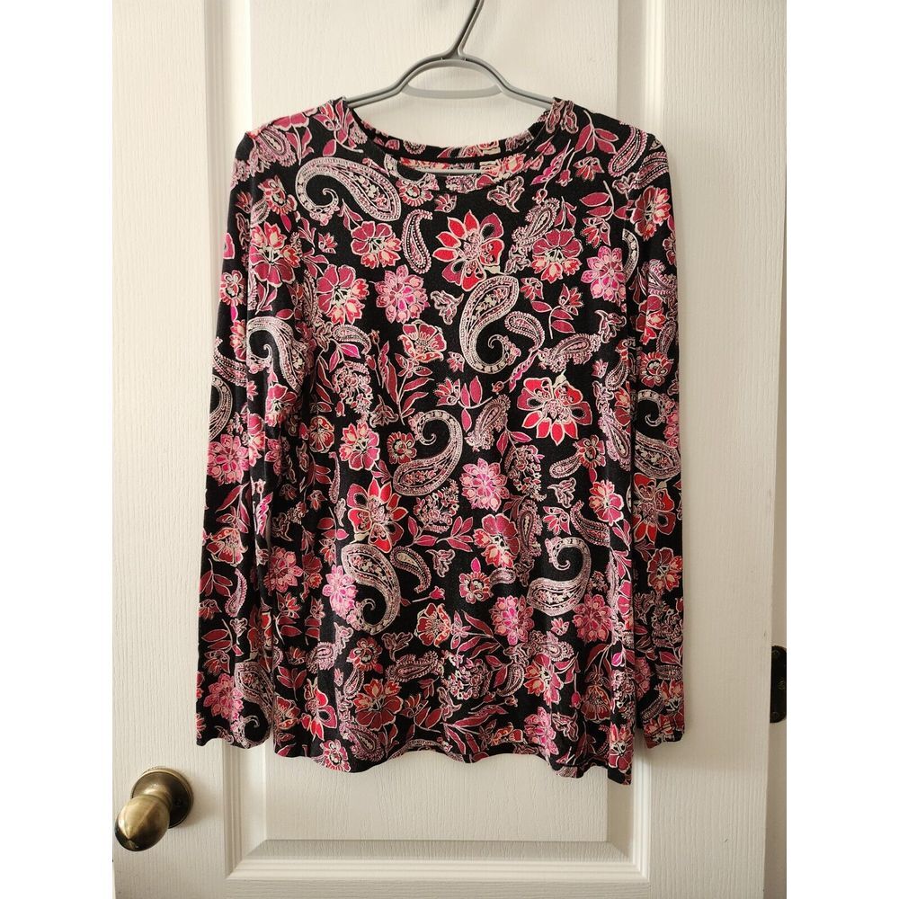 Chico's Women's Top Pink/Black Paisley Floral Print Long Sleeve Round Neck Sz 1